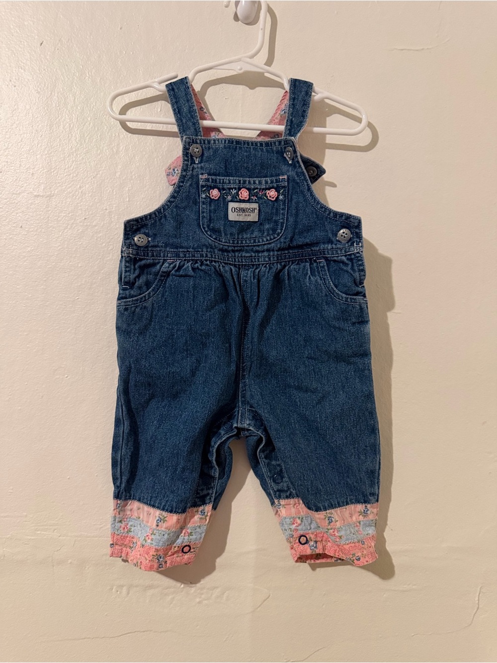 Vintage OshKosh B'gosh Dark Blue Denim Overalls with Pink Floral Cuffs